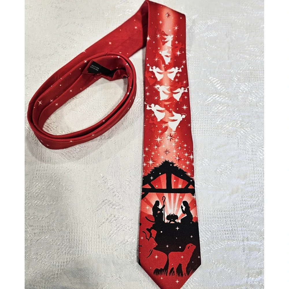 Tie Tales Mens Christmas Nativity Scene Tie Red Religious Holiday Angels